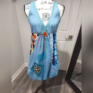 Small Denim like balloon halter dress with colorful patches & a mesh lining